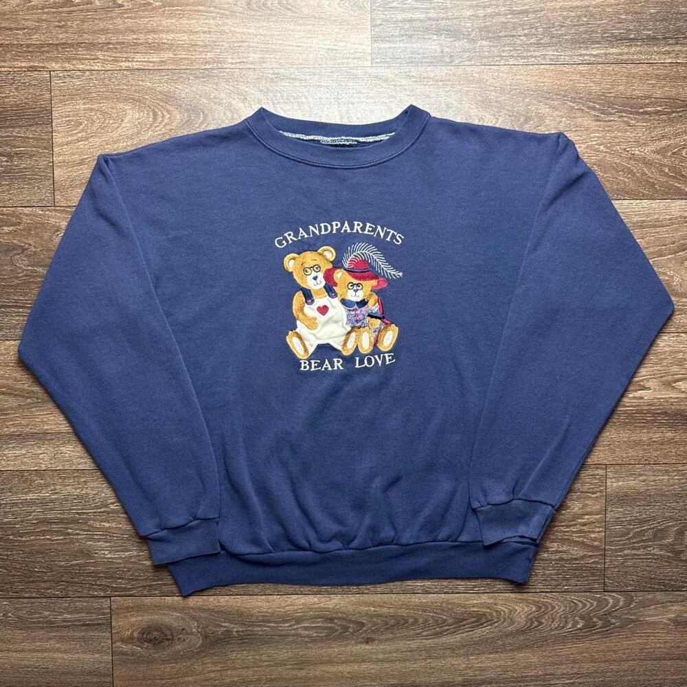 Navy Blue Vintage 1990s Crewneck Sweatshirt with Graphic of Two Teddy Bears
